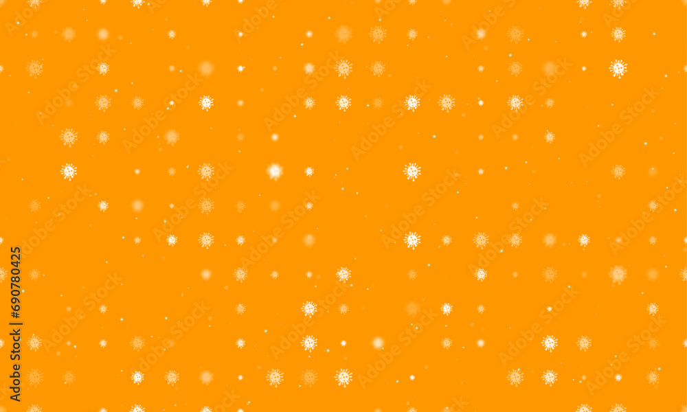 Poster seamless background pattern of evenly spaced white coronavirus symbols of different sizes and opacit