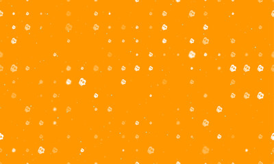 Seamless background pattern of evenly spaced white mittens symbols of different sizes and opacity. Vector illustration on orange background with stars
