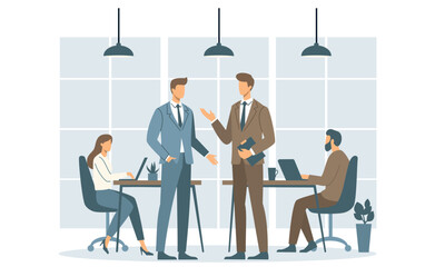 Flat vector illustration. People working in office, two workers in office clothes talking to each other, man and woman working at laptop. . Vector illustration