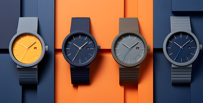 four watches with straps are on an orange background, in the style of dark gray and indigo, jean nouvel, Michael Malm, hein gorny, geometric precision, bold contrast and textural play, tonal
