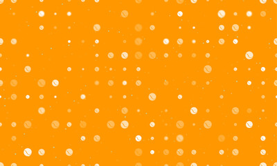 Seamless background pattern of evenly spaced white tennis balls of different sizes and opacity. Vector illustration on orange background with stars