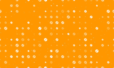 Seamless background pattern of evenly spaced white pill symbols of different sizes and opacity. Vector illustration on orange background with stars