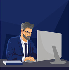 Vector Illustration. Serious man in a business suit working at a laptop. . Vector illustration