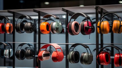 Against a backdrop of safety signage, an array of vibrant ear protection devices is displayed, each...