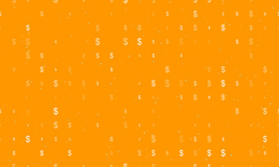 Seamless background pattern of evenly spaced white dollar symbols of different sizes and opacity. Vector illustration on orange background with stars - obrazy, fototapety, plakaty