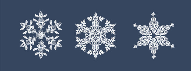 A set of stylish white quilling snowflakes on a dark blue background. Paper openwork weaving technique. Elements of quilling. New Year's symbols in the pattern. - obrazy, fototapety, plakaty