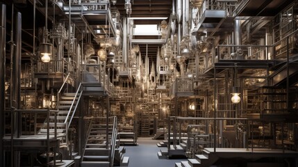 Amidst the metallic landscape of a warehouse, rows of precisely assembled metallic components catch the light, their intricate designs hinting at functionality and purpose - obrazy, fototapety, plakaty