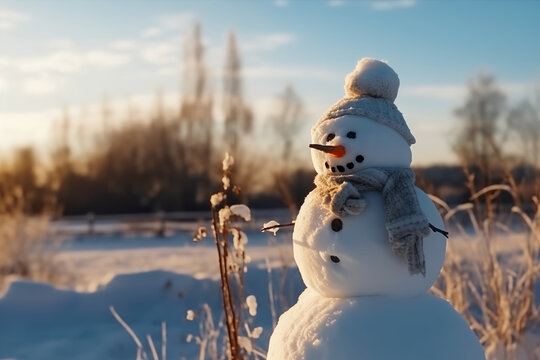 Sunny Morning Frost: Snowman's Whimsical Charm in Radiant Sunshine