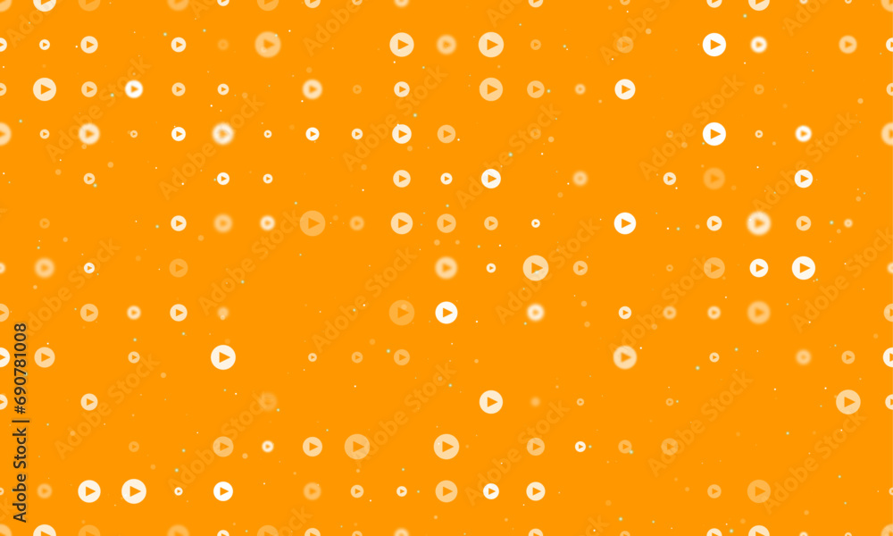 Poster seamless background pattern of evenly spaced white play symbols of different sizes and opacity. vect