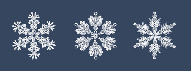 A set of stylish white quilling snowflakes on a dark blue background. Paper openwork weaving technique. Elements of quilling. New Year's symbols in the pattern. - obrazy, fototapety, plakaty