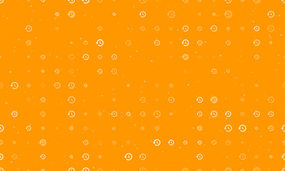 Seamless background pattern of evenly spaced white time back symbols of different sizes and opacity. Vector illustration on orange background with stars