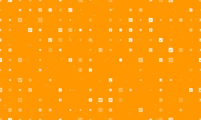 Seamless background pattern of evenly spaced white checkbox symbols of different sizes and opacity. Vector illustration on orange background with stars