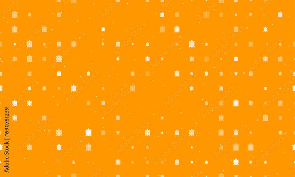 Poster seamless background pattern of evenly spaced white turtle symbols of different sizes and opacity. ve