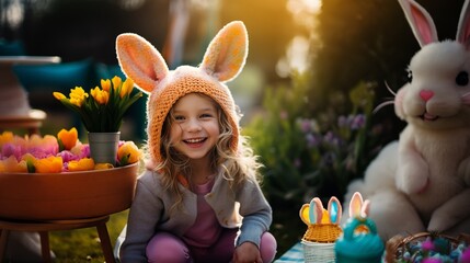 Funny smiling Easter little curly long hair caucasian blonde girl in colorful knitted sweater wearing bunny ears for playful springtime childish celebration