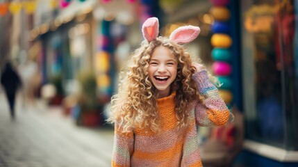 Funny smiling Easter middle school curly long hair caucasian blonde girl in colorful knitted sweater wearing bunny ears for playful springtime childish celebration