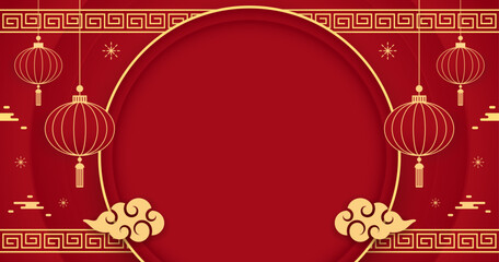 Happy Chinese new year 2024. Chinese new year banner with circle for show product. Greeting card. China frame with lantern on red background.