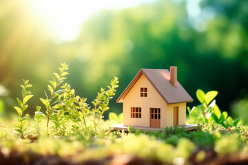 Wooden House Model On Grass, Save The Earth Concept, Bokeh Background