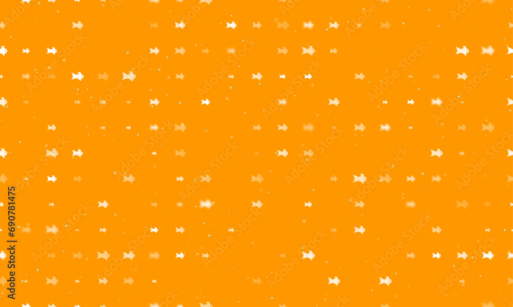 Poster seamless background pattern of evenly spaced white gold fish symbols of different sizes and opacity.