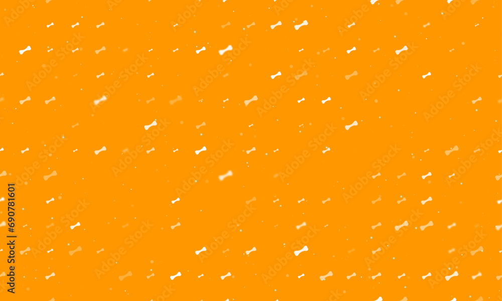Poster seamless background pattern of evenly spaced white dog bone symbols of different sizes and opacity. 