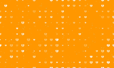 Seamless background pattern of evenly spaced white broken heart symbols of different sizes and opacity. Vector illustration on orange background with stars