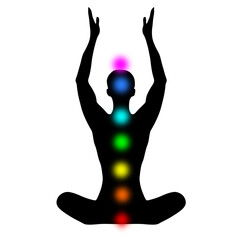 Elegant logo icon of a man sitting with his hands raised meditating with the colored chakras on his body.
