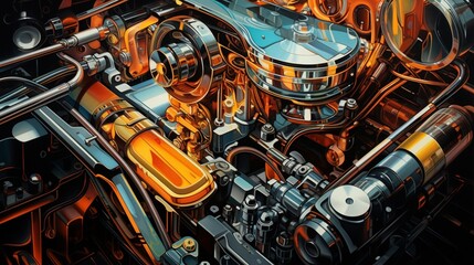 An abstract close-up of an engine compartment, where the glistening motor oil highlights the...