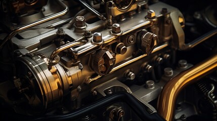 An abstract close-up of an engine compartment, where the gleaming motor oil accentuates the precision and inner workings of the machinery