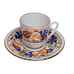 Turkish coffee mug, traditional beautiful coffee plate cups, Ottoman pattern, png background, png isolated, white, vintage, old mug, tile pattern, side view.