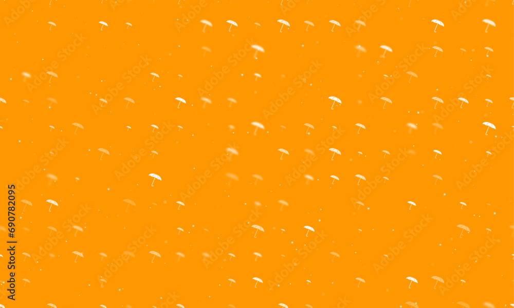 Poster seamless background pattern of evenly spaced white umbrella symbols of different sizes and opacity. 