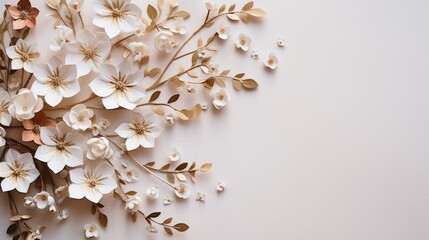 Paper white and gold flowers composition. Frame made of flowers on white background. Top view, copy space