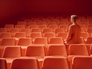 Obraz premium Man sitting in cinema auditorium with red chairs.