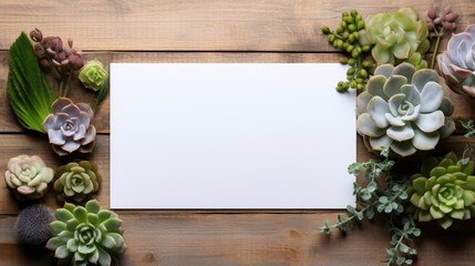 Top view of succulent plants with blank paper card on wooden background. Mockup