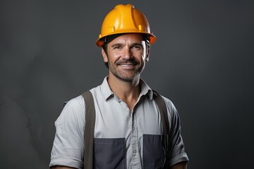 Smiling Construction Worker in Hard Hat Standing Indoors - obrazy, fototapety, plakaty