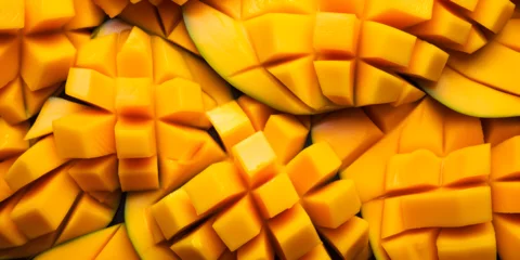 Fotobehang Close up of fruit background with fresh cutted mangoes © TatjanaMeininger