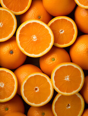 Top view fruit background with fresh cutted oranges 