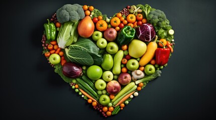 A vibrant assortment of heart-shaped vegetables and fruits, showcasing nature's bounty on a striking black background. Generative AI.