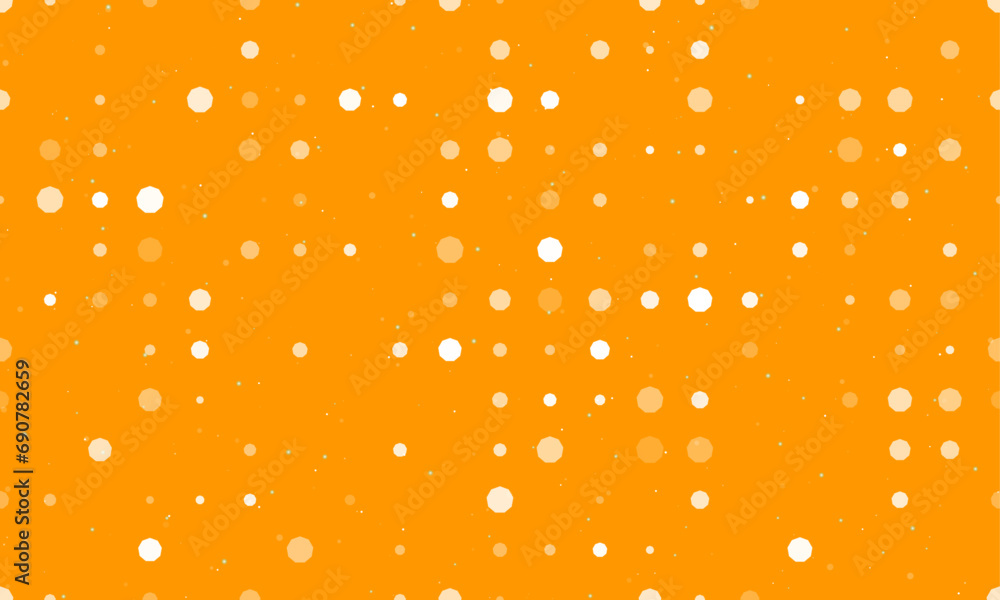 Poster seamless background pattern of evenly spaced white nonagon symbols of different sizes and opacity. v