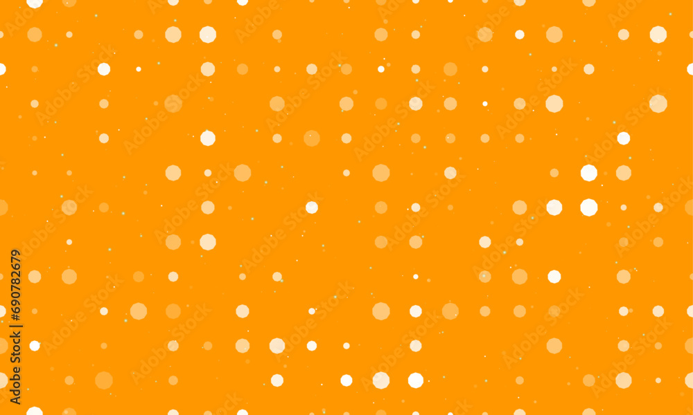 Poster seamless background pattern of evenly spaced white decagon symbols of different sizes and opacity. v