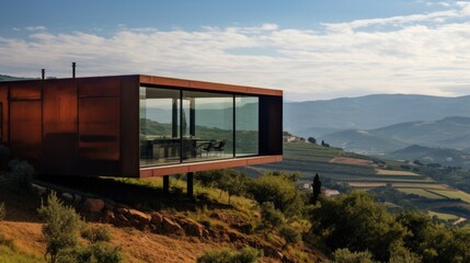 Fototapeta premium A modern house on top of a hill overlooking the valley. Generative AI.