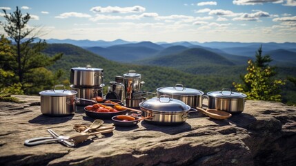 An array of rugged, stainless steel camping cookware arranged on a rocky ledge overlooking panoramic mountain vistas - obrazy, fototapety, plakaty