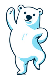 Happy White Polar Bear Standing Tall on its legs, dancing with his arm up, cartoon mascot, logo, isolated.