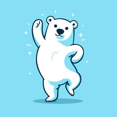 Happy White Polar Bear Standing Tall on its legs, dancing with his arm up, cartoon mascot, logo design