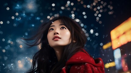 Close up portrait of Young Asian woman looking at sky, watching fireworks.  Concept of celebrating Chinese New Year