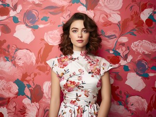 Young Woman in Floral Dress with Red Hair Against Floral Wallpaper
