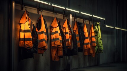 An industrial scene captures the essence of safety, with a series of high-visibility vests neatly...