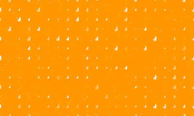 Seamless background pattern of evenly spaced white cat icons of different sizes and opacity. Vector illustration on orange background with stars