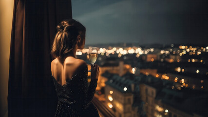Successful and posh woman in an elegant black evening dress stands on a luxury balcony with a glass of champagne in her hands and looks at the evening lights of a European city.