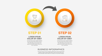 Vector modern infographic with 2 circles and arrows. 3D concept graphic process template with two steps and icons. Timeline for the business project on white background - obrazy, fototapety, plakaty