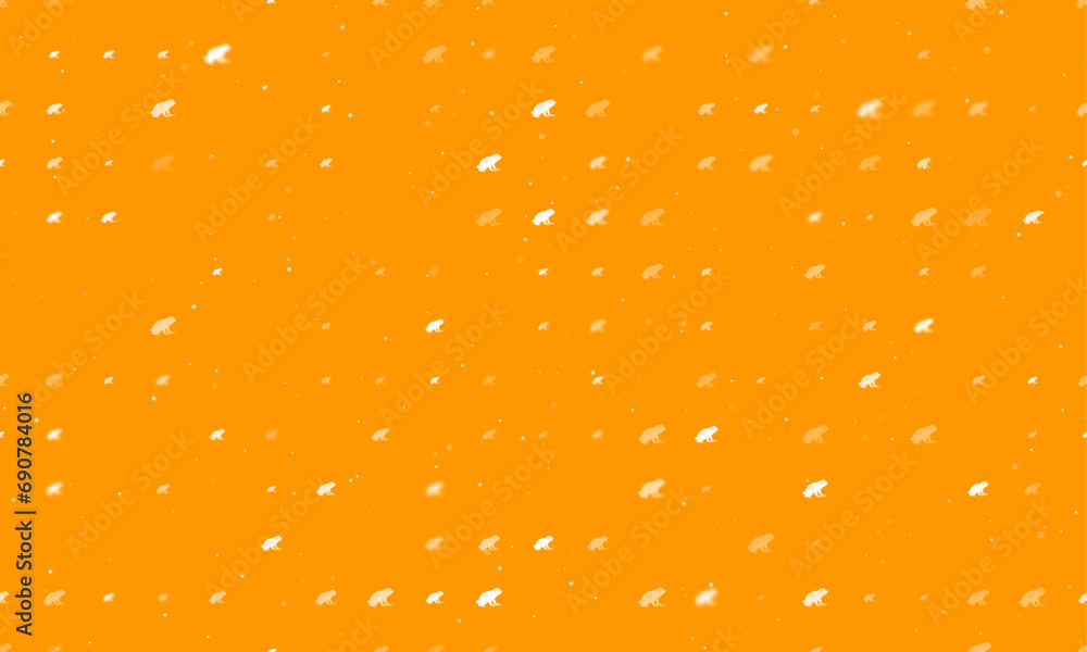 Poster seamless background pattern of evenly spaced white frog symbols of different sizes and opacity. vect