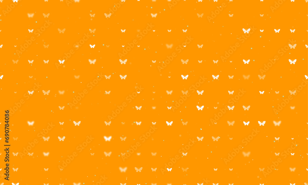 Poster seamless background pattern of evenly spaced white butterfly symbols of different sizes and opacity.
